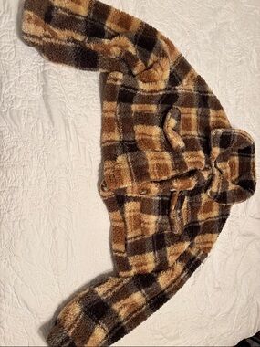SHEIN Brown & Black Plaid Faux Fur Pea Coat